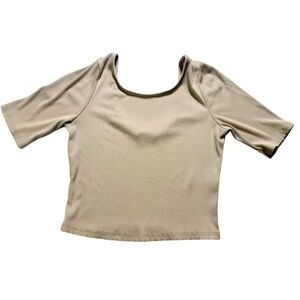 By Together Fitted Tan Short Sleeve Crop Blouse with Low Back